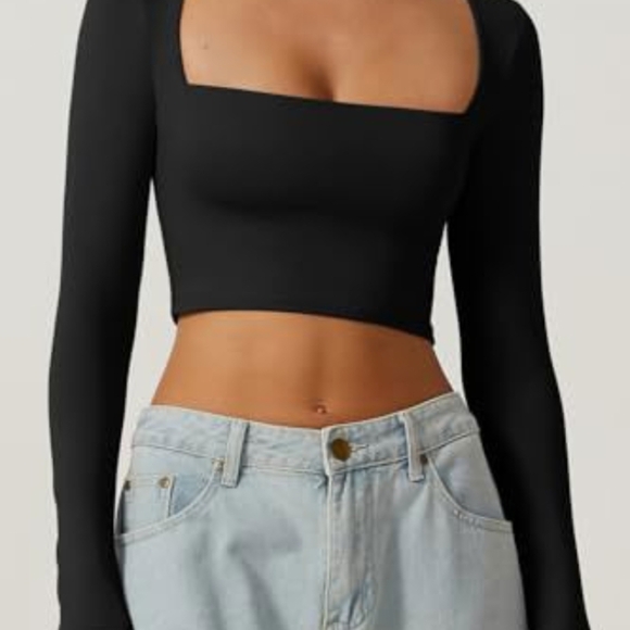 QINSEN Women's Sexy Square Neck Crop Top Long Sleeve Slim Fit, New, L - Picture 3 of 3